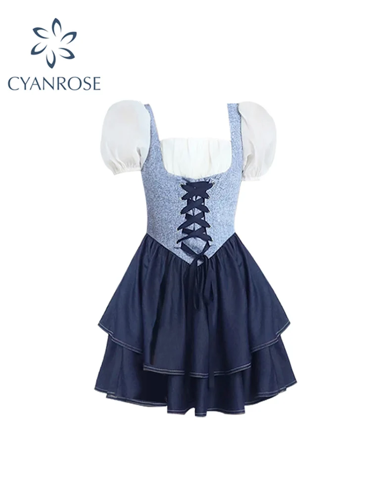 

Fashion Women Summer Patchwork Dress Puff Short Sleeve Elegant Ladies Kawaii A Line Mini Dress High Waist Bandage Cute Sundress