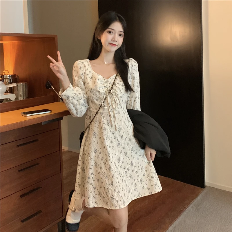 

Long Sleeves Womens Dress Spring Short Skirt Chic Design French V Neck Elegant Hepburn Style Broken Flower Fashion Female Dress