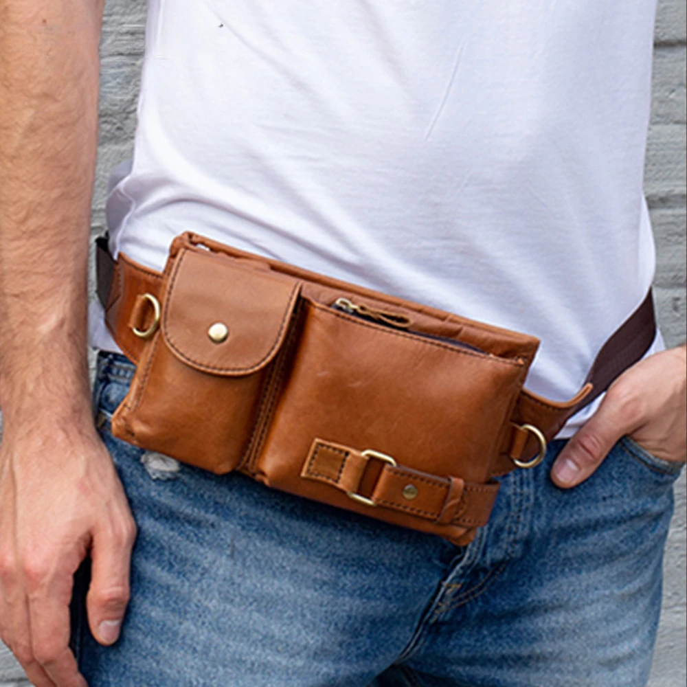 NolvoWorld Brand Casual Functional Money Phone Belt Bag Men Chest Pouch Waist Bags Unisex Pack Sling Bag Genuine Leather Hip Bag