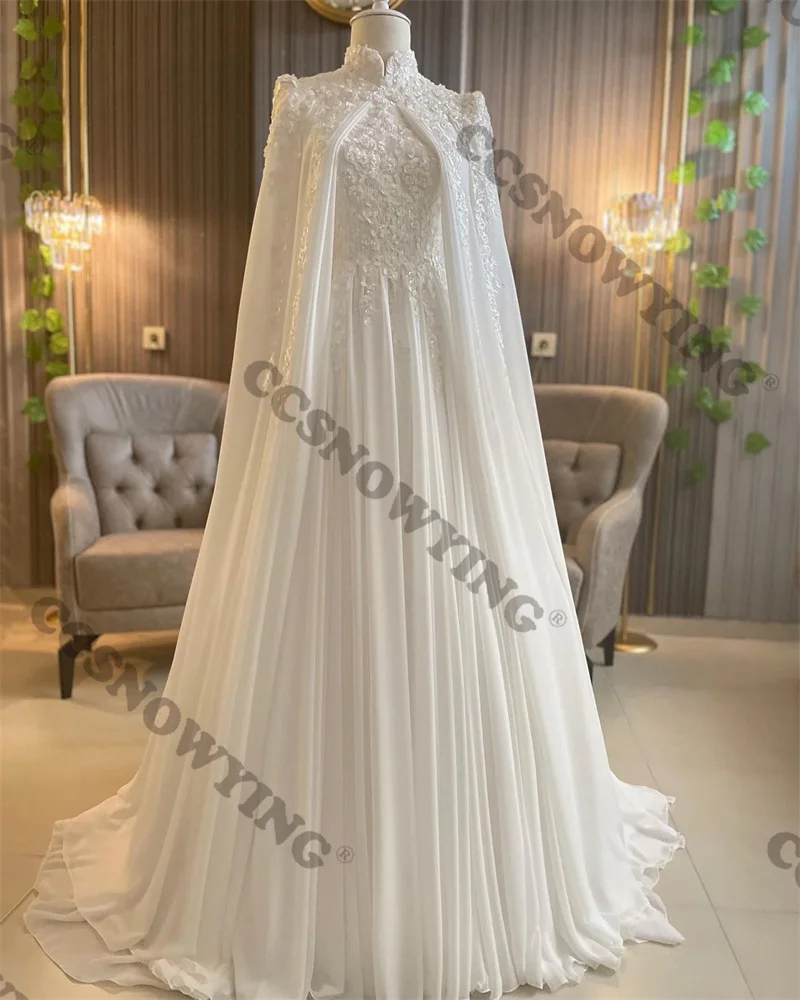 

Long Sleeve Muslim Wedding Dress for Bride Chiffon Appliques Hijab Islamic Bridal Gowns with Cape Women Arabic Robe De Mariée