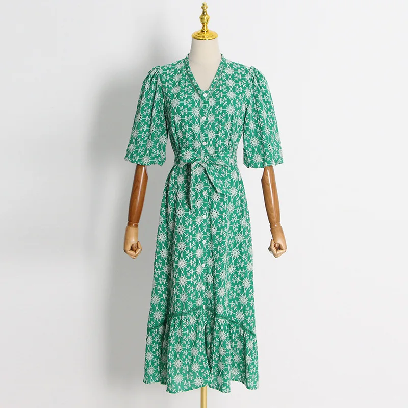 

SeeBeautiful Elegance Ruffles Stitching Loose Dress V-neck Puff Sleeve Single Breasted Belt Summer 2022 New Women Q376