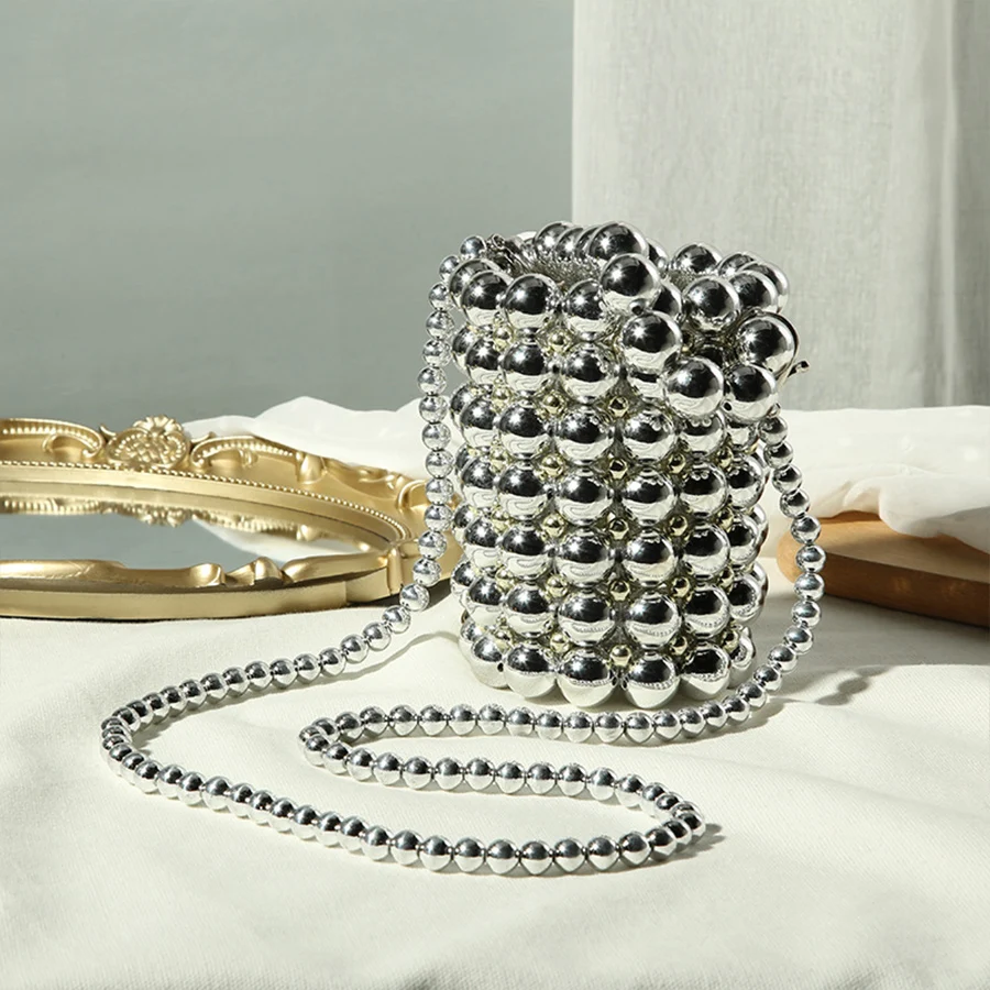 

Handmade Mini Pearl Bucket Bag Women Hand Woven High Quality Silvery Mini Beaded Pearl Evening Shoulder Bag Ladies Dinner Party