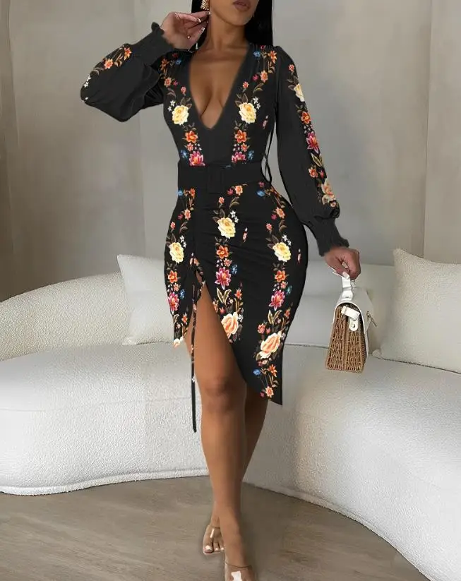 

2023 Summer New Fashion V-Neck Floral Print Plunge Slit Drawstring Midi Dress Sexy Casual Women's Dress Ottd