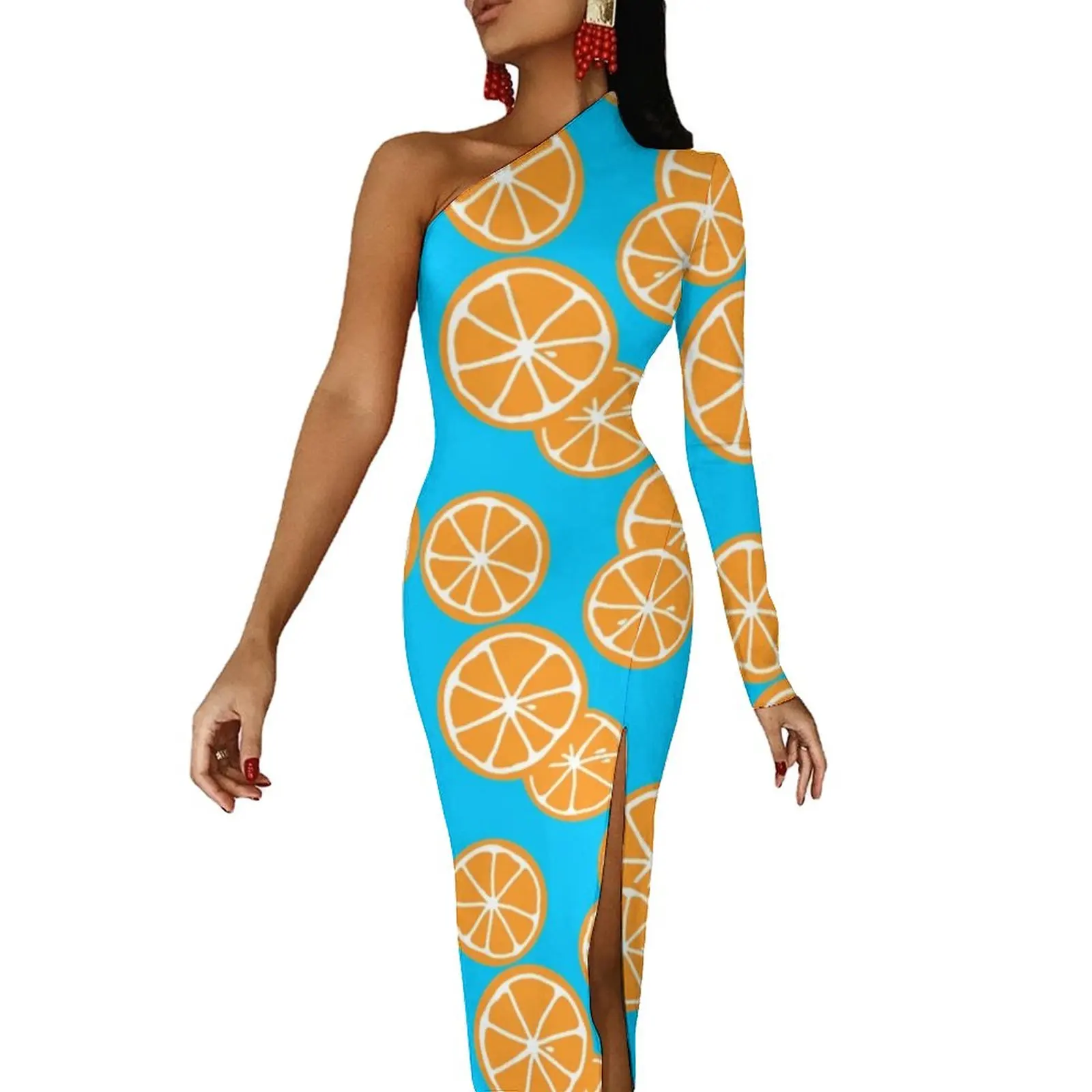

Oranges Slices Long Dress Woman Yellow Fruit Print Streetwear Maxi Dress Spring Sexy Bodycon Dresses High Slit Custom Vestido