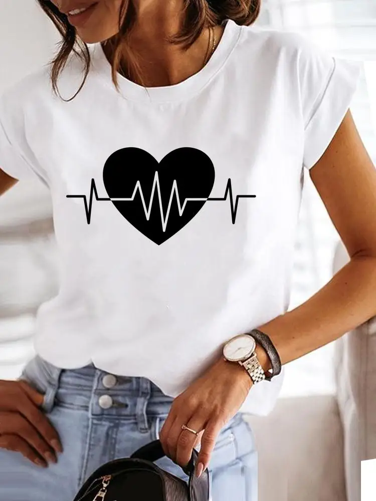 

Love Style Trend Heartbeat Style Short Sleeve Print T Shirt Clothing Tee Women Graphic T-shirt Summer Clothes Fashion Female Top
