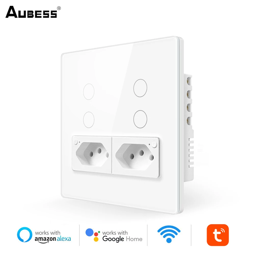

Aubess Tuya Brazil 4X4 WiFi Wall Switch With Socket,Touch-Sensor Interruptor 4gang Smart Light Switch Work For Alexa Google Home