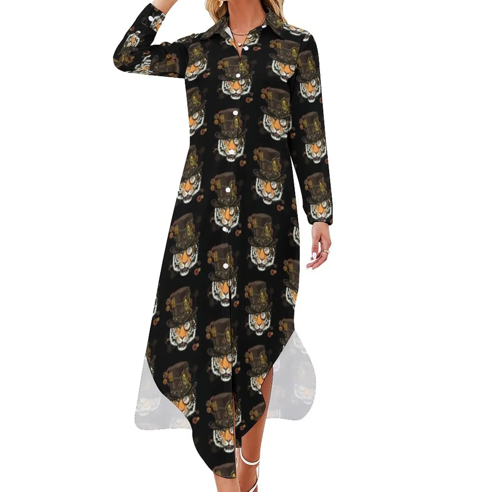 

Steampunk Tiger Casual Dress Medieval Victorian Art Street Style Dresses Long Sleeve Retro Female V Neck Oversized Chiffon Dress