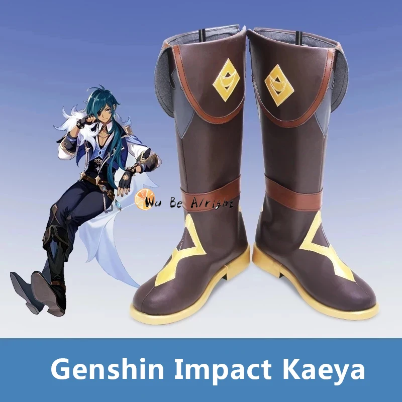 

Обувь для косплея Game Genshin Impact Kaeya, ботинки для косплея Kaeya на заказ, длинный чернильно-синий парик 80 см для Хэллоуина, карнавала, вечеринки