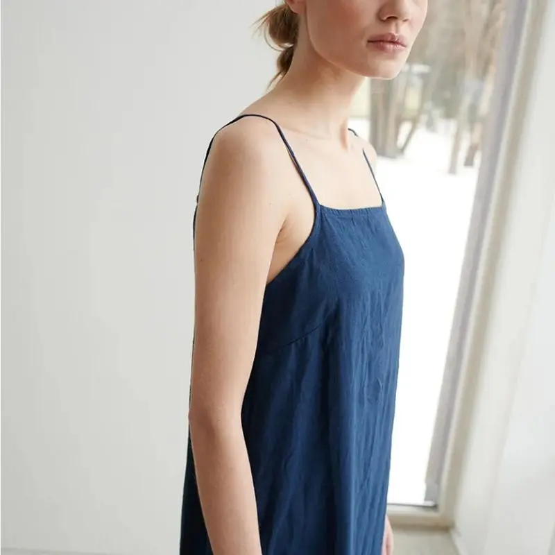 2023 Newly Casual Cotton Linen Elegant Dresses For Women Sexy Spaghetti Strap Back Open Side Long Midi Dress With Pockets images - 6