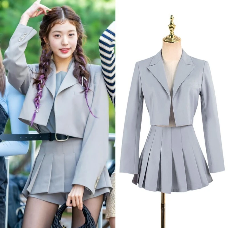 

Kpop Star 2 Pieces Set Women Sexy Short Blazer Jackets + Mini Pleated Skirt Culottes Female Suit College Style Two Pieces Sets