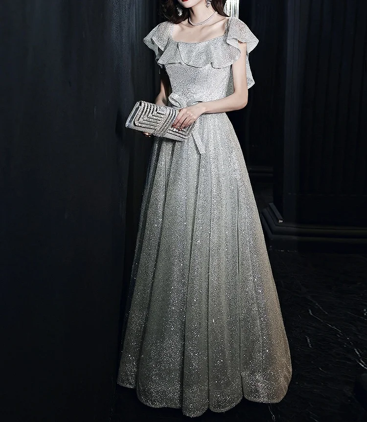 

Silver Gold Celebrity Dresses Boat Neck Long Sequined Starry Sky Bow Off The Shoulder A-Line Formal Evening Party Cocktail Gown