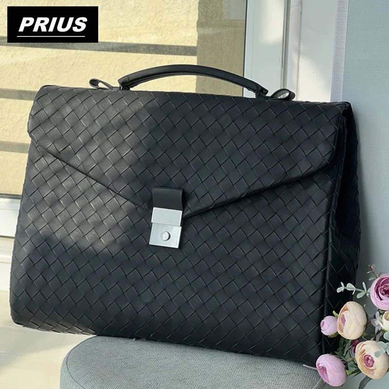 Luxury Brand Classic Business Men's Handbag Genuine Leather  Hand-Woven Large Capacity Flip Briefcase Fashion Simple  New