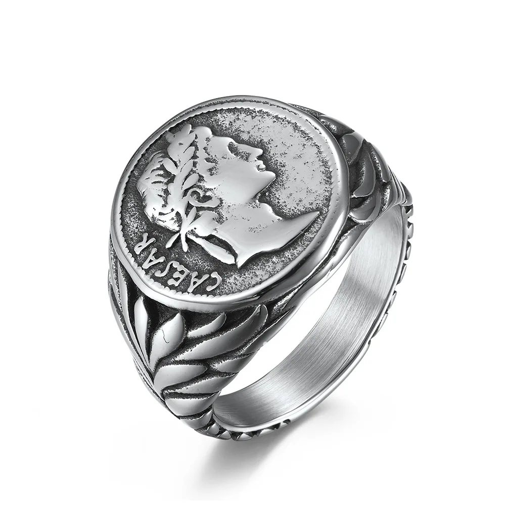 

2023 New Roman Gaius Julius Caesar Head Rings Vintage Stainless Steel Coin Jules Caesar Ring for Men Male Warrior Jewelry