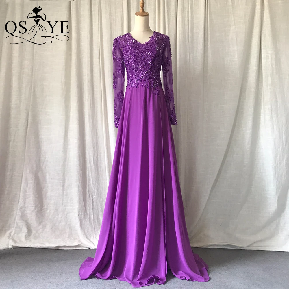 

Purple Evening Dresses Mermaid Beaded Appliques Lace V neck Long Sleeves Prom Gown Silk Satin Woman Party Formal Dress Tail