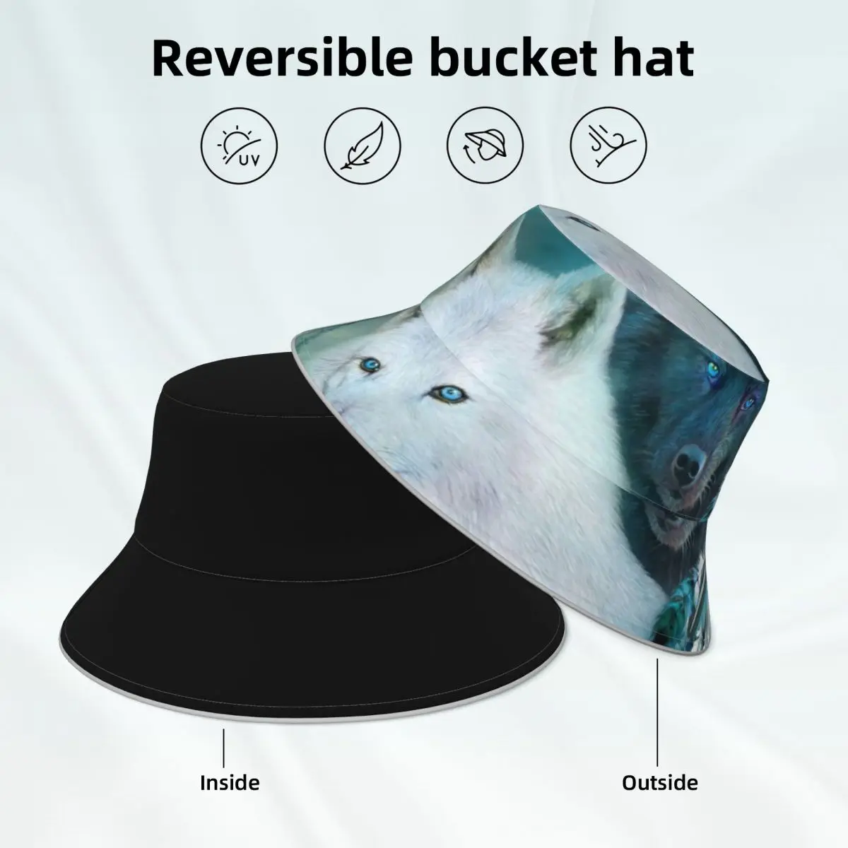 

White And Black Wolf Bucket Hat Retro Animal Reversible Unisex Reflective Fisherman Hats Classic Hawaii Sun Hat