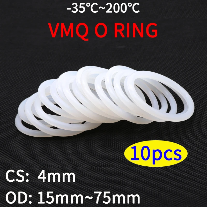 

10pcs VMQ White Silicone O Ring Gasket CS 4mm OD 12 ~ 100mm Food Grade Rubber Insulate Round O Shape Seal o-ring silicone rings