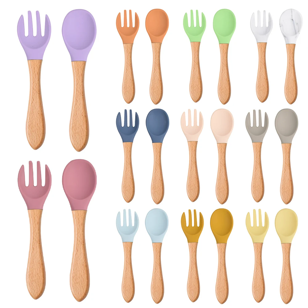 

BPA Free Baby Silicone Spoon Fork Set with Wooden Handle Baby Feeding Spoon Fork Toddlers Infant Feeding Accessories Utensils