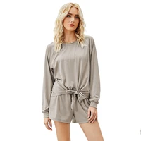 cydnee loose round neck long sleeved top and wide leg shorts suit streetwear solid color tie t shirt lady matching sets