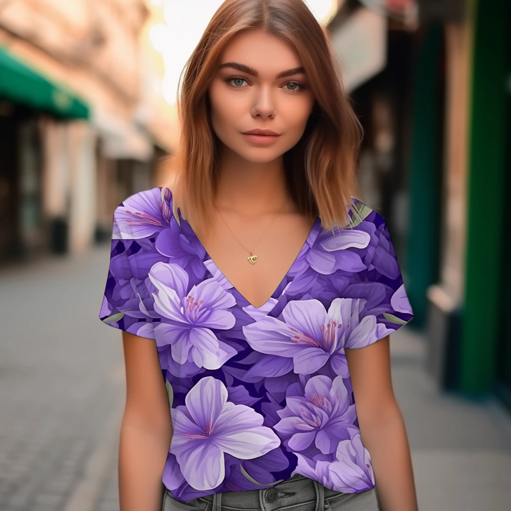 

Temperament Flower 3D Printing T-shirt Summer Fashion Short Sleeve T-shirt Urban Leisure V-neck T-shirt Women's Loose T-shirt