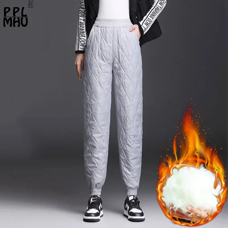

Winter Warm Harem Jogging Pants Women Casual Elastic High Waist Thicken Snow Sweatpants Basic Argyle Down Cotton Pantalones