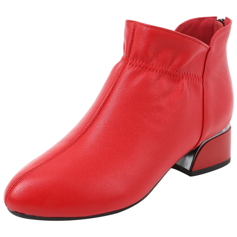 

Fashion Genuine Leather Ankle Boots Women Thick Heels Zipper Pointed Toe Autumn Winter Woman Shoes Soft Sole Short Boots