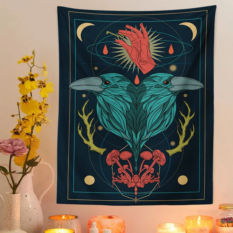 

Tarot Tapestry Ravens Hand Key Mushrooms Wall Hanging Ancient Runes Hippie Bohemian Tapestries Psychedelic Witchcraft Home Decor