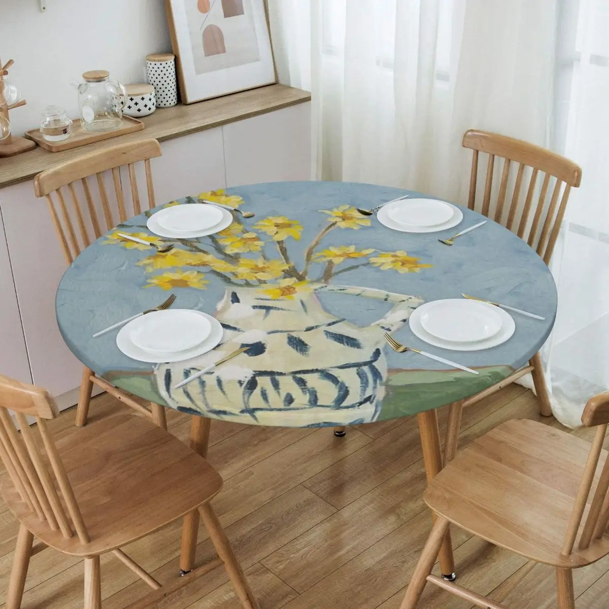 

Yellow Daisies Tablecloth Round Elastic Fitted Oilproof Daisy Flowers Table Cloth Cover for Kitchen