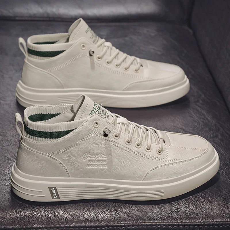 

Men PU Leather Skateboarding Shoes High Top Comfortable Men Sneakers Breathable Men Casual Shoes Lace Up Flat Daily Shoes