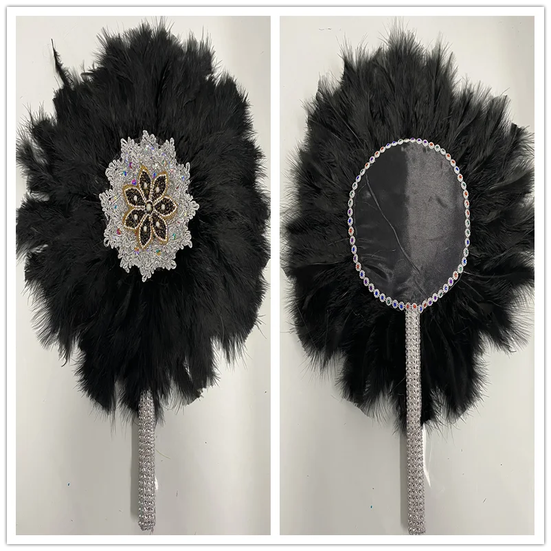 

1 шт. односторонние африканские перья индейки Ручной Веер перья веер для танцев свадебное украшение веер с камнями Черный Веер