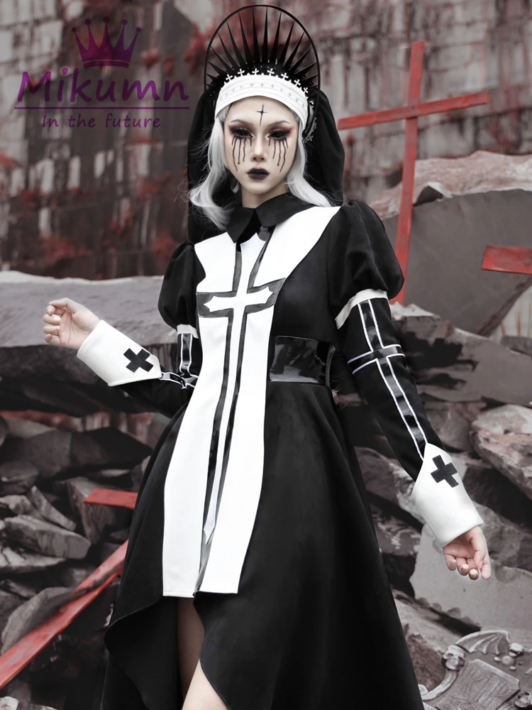 Gothic Punk Vintage Cross PU Leather Suede Black Dress Halloween Party Dark Women Dress Autumn New Female Vestidos