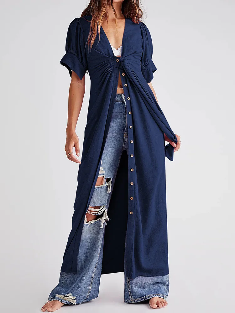 

Однотонное Богемская Лето пляжное платье для женщин 2023 Кнопка Свободный с бантом длинное кардиган с коротким рукавом Свободный праздничное Макси платье Vestidos