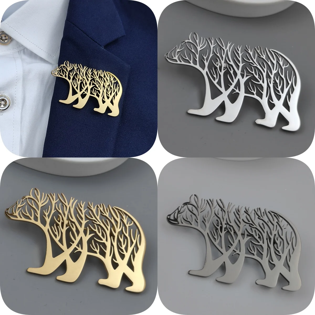 Брошь &quotДрево жизни&quot из нержавеющей стали с позолоченным медведем