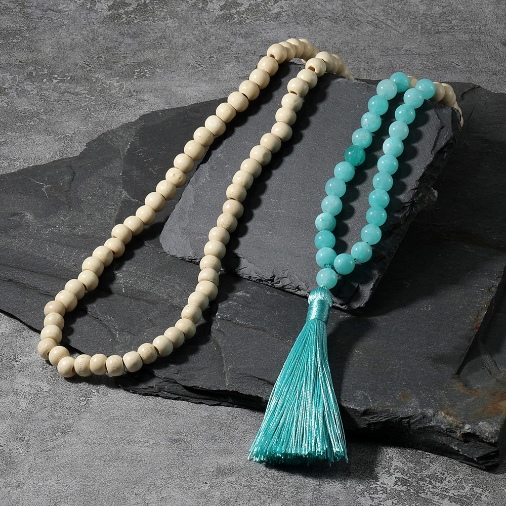 Жемчужное ожерелье OAIITE Mala желтый тигровый глаз синий камень деревянные бусины