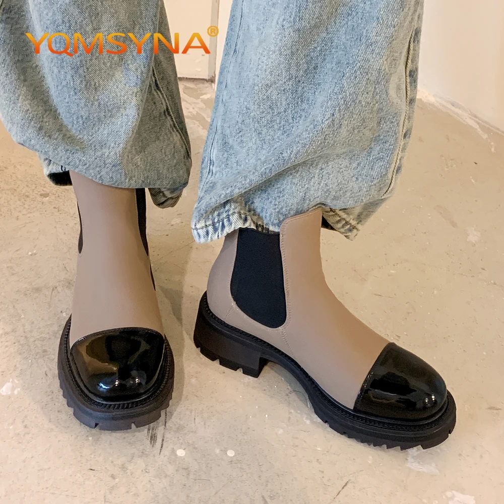 

YQMSYNA Fashion Street Style Chelsea Boots Thick Soled Round Toe Ankle Boots Genuine Leather Flat With Non-slip Women Shoes AS27