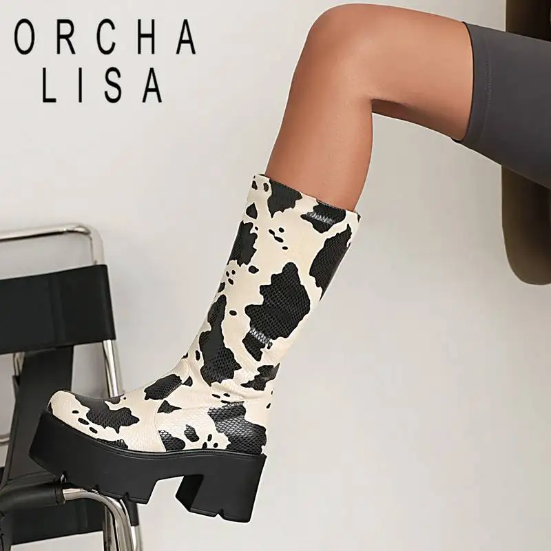 

ORCHA LISA Woman Mid Calf Boots 30cm Round Toe Block Heel 7.5cm Zipper Platform Hill 4.5cm Plus Size 43 Mixed Color S4401