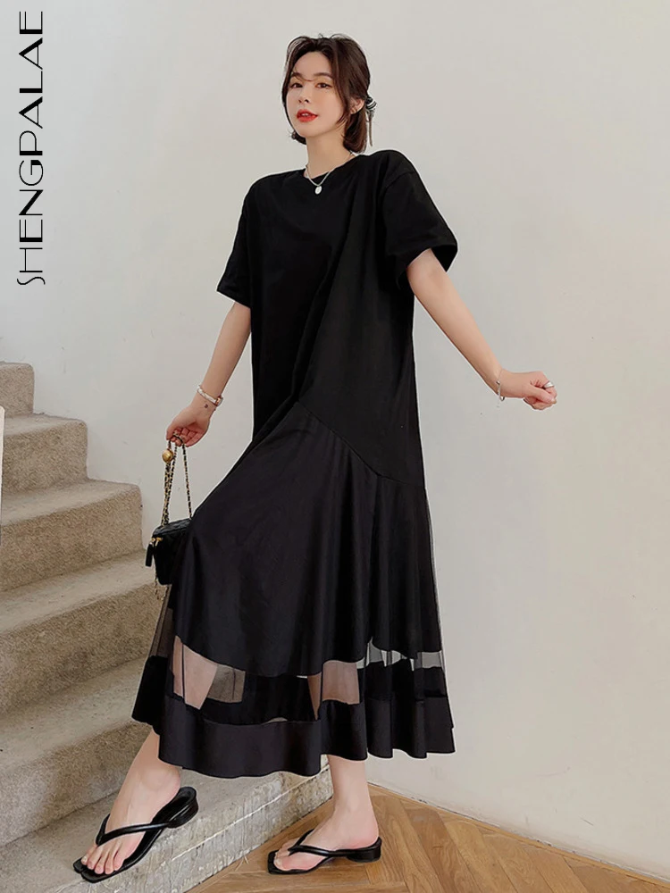 

SHENGPALAE, черное Плиссированное газовое платье, свободное повседневное однотонное платье с круглым вырезом и короткими рукавами, новинка 2022, л...