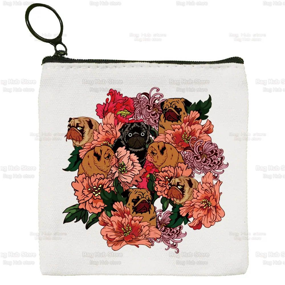 Pug Anatomy Canvas Coin Purse Canvas Bag Small Square Bag Cute Cartoon Dog Pet Key Bag Storage Bag Card Bag Cartoon Coin Bag