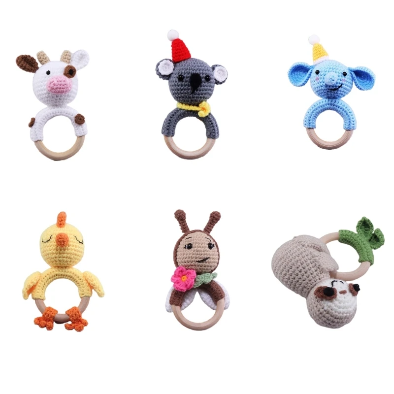 

Newborn Handmade Crochet Animal Rattle Baby Wooden Teether Ring Infant Teething Nursing Soother Molar Toys