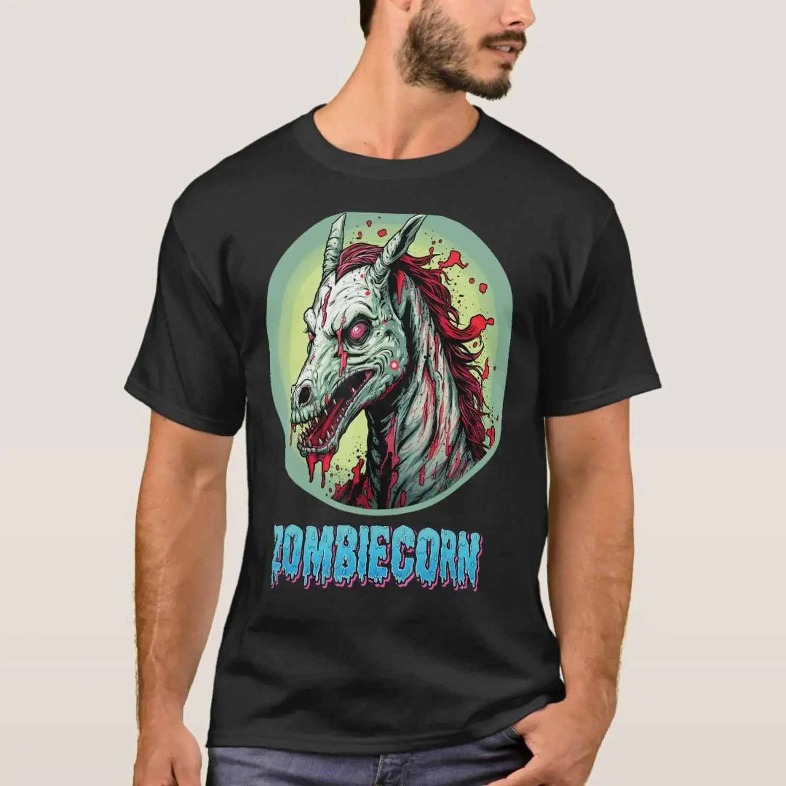 Фото Футболка Zombiecorn Zombie Unicorn I Love Brainbows Punk Ha, винтажная, слегка повседневная, с эффектом потертости, для повседневной носки, унисекс №1