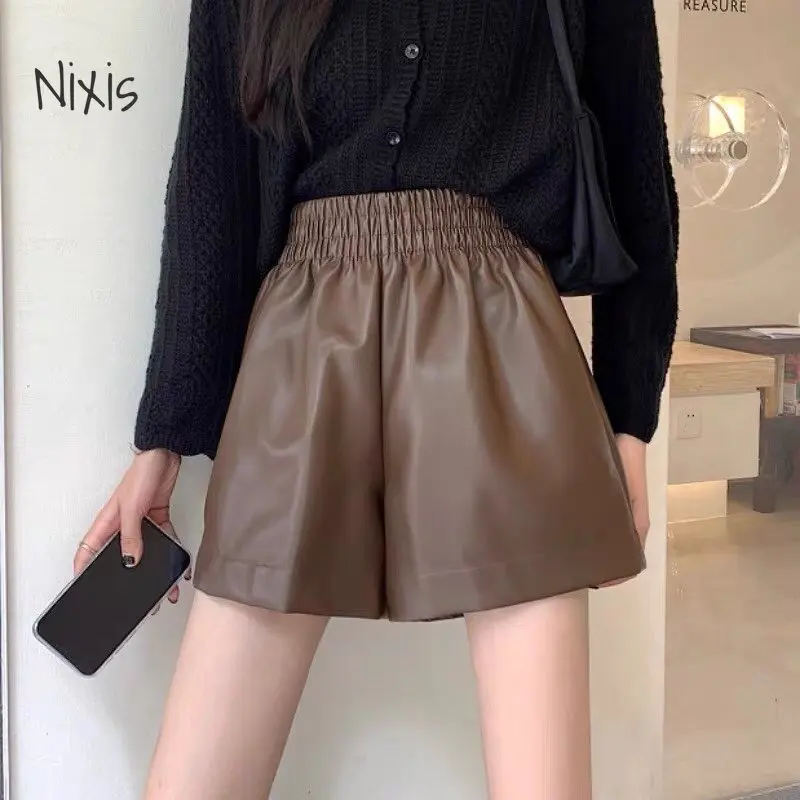 Brown PU Leather Shorts for Women Elastic Waist  A Line Wide Leg Pants Vintage Casual Bottoms Female Korean Style Clothing