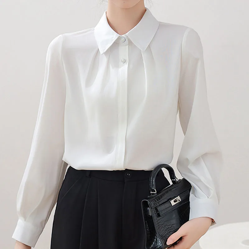 Офисная женская рубашка с длинным рукавом и отложным воротником белая блузка