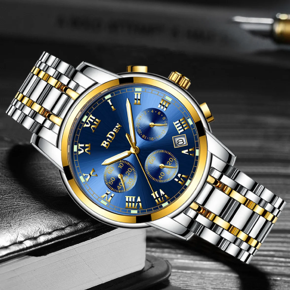 

BIDEN Men's Quartz Watch True Three Eyes Chronograph Date Wristwatch Waterproof Luminous Calendar Clocks Gifts relogio masculino
