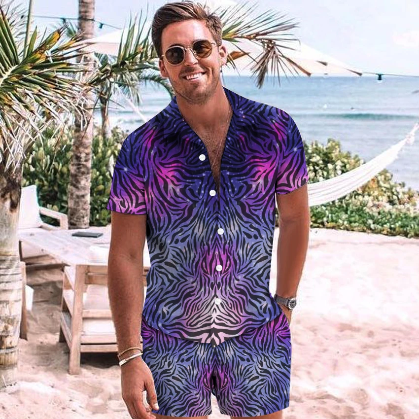 Plus Size New Summer Shirts Sets Casual Digital Printing Turn-Down Collar Buttoned Short Sleeve Shirt Tops Hemden Herren Shorts