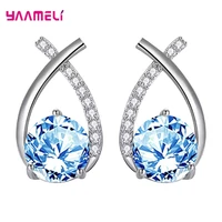 925 sterling silver water drop new trend stud earrings simple elegant fish design white blue crystal women girls jewelry