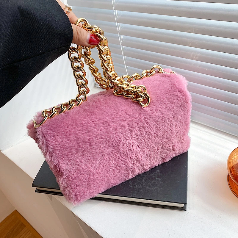 

Luxury Designer Acrylic Thick Chain Handbag and Purse 2022 Women's Plush Shoulder Bag Fashion Shopping Wool Totes Female Clutchs