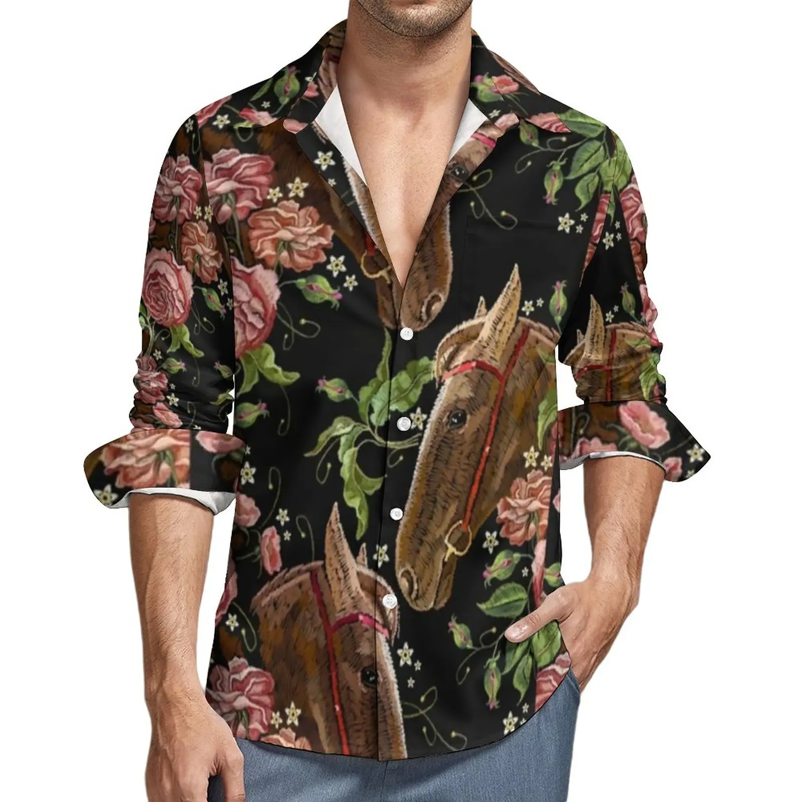 

Повседневная рубашка в стиле Харадзюку с принтом головы лошади, повседневные рубашки с длинным рукавом, винтажная одежда большого размера, подарок