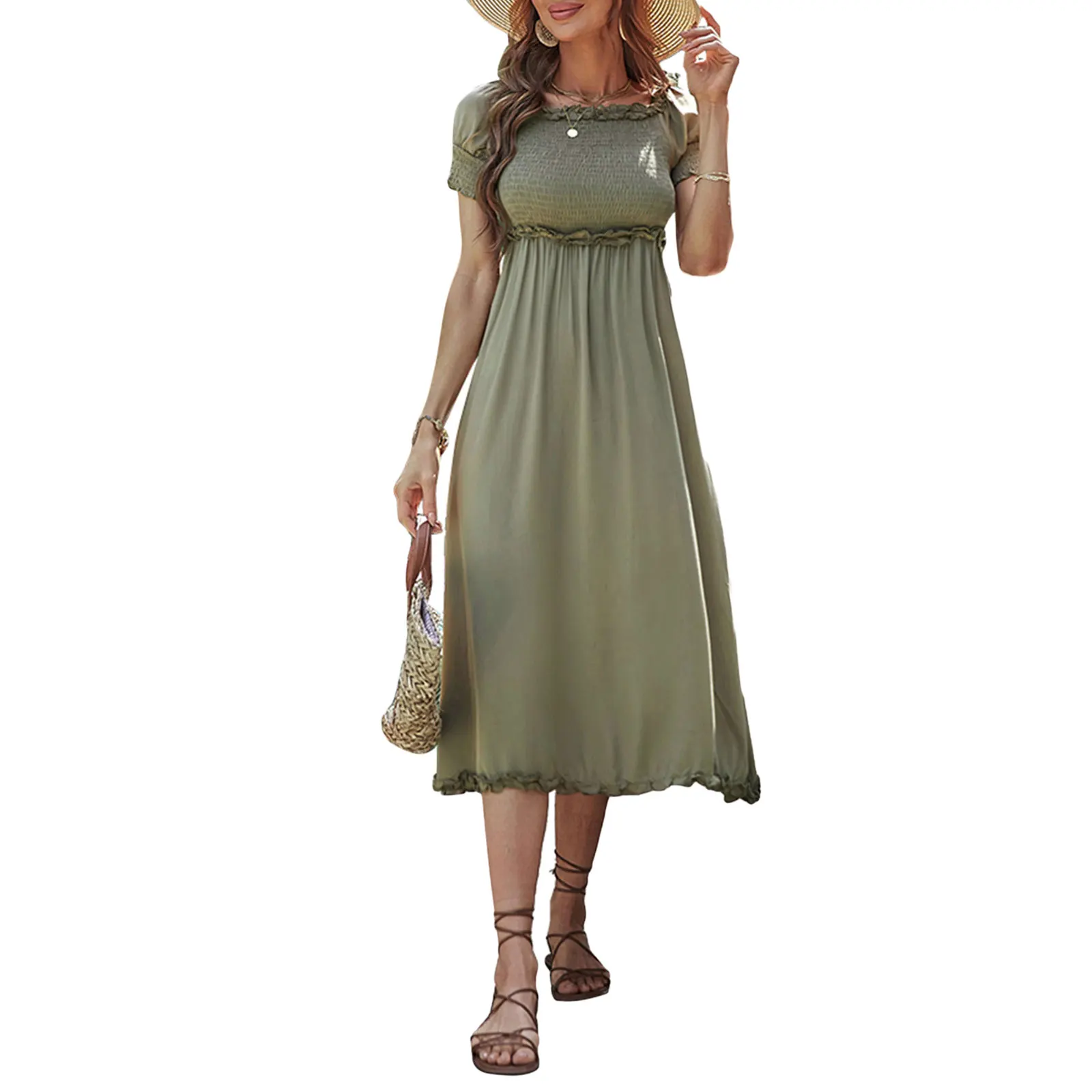 

Kayotuas Women A-Line Dress Summer Boho Beachdress Army Green High Waist Pleated Ruffles Elegant Ladies Streetwear