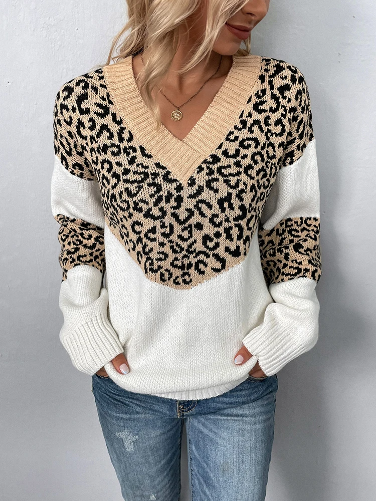 

Свитер в стиле пэчворк с леопардовым принтом Fitshinling, пуловер, женская одежда 2023, зимние вязаные топы, Модный облегающий джемпер с V-образным в...