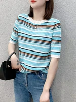 knit top women 2022 summer striped short sleeve casual t shirts o neck fashion loose tee shirt femme tshirt vintage clothes tops