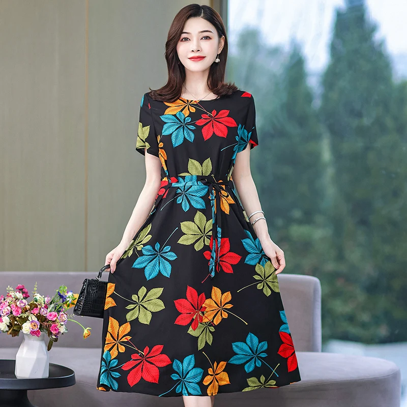 

Elegant Women's Midi Dresses Summer Sundress 2022 Fashion Short Sleeve Boho Dress with Belt Women's Summer Sundresses with Print